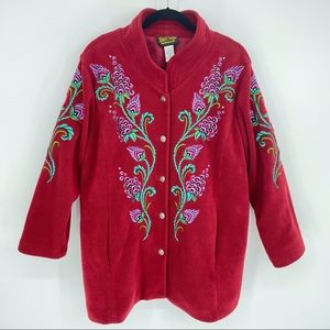 Bob Mackie Embroidered Fleece Jacket Lined Red Button Up Floral Wearable Art